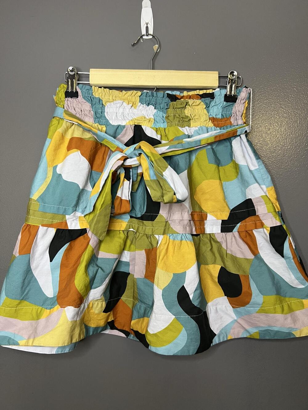 Anthropologie Skirt Womens Small Multicolor Abstract Tiered Mini Tie Waist Boho